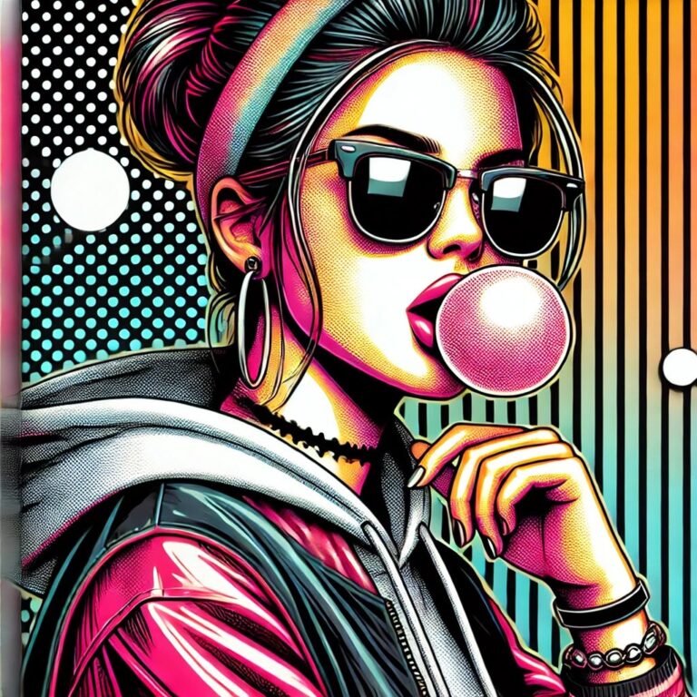 DALLE2025 01 2613.56.30 Astylishandedgyalbumcoverfeaturingayoungwomanchewingbubblegumsetagainstavibrantandurban inspiredbackgroundwithneoncolors.Theg ezgif.com webp to jpg converter 768x768
